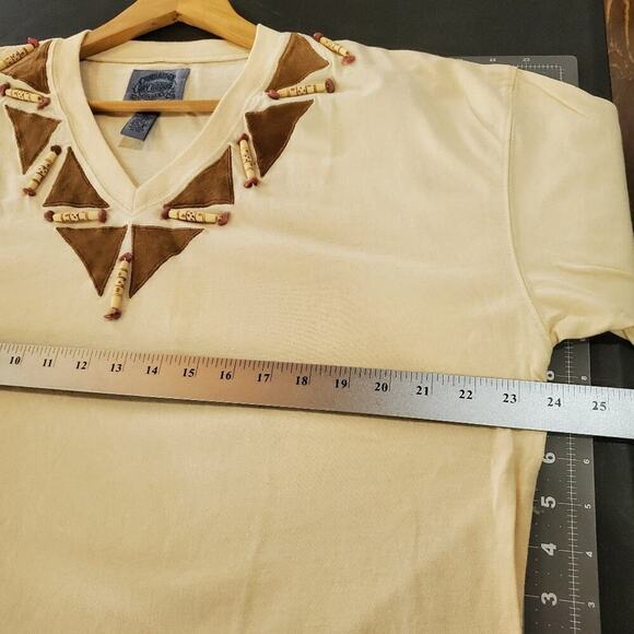 Cambridge Dry Goods Vintage Blouse Womens XL 90s Tan Beaded V-Neck Boho Retro - Picture 7 of 8